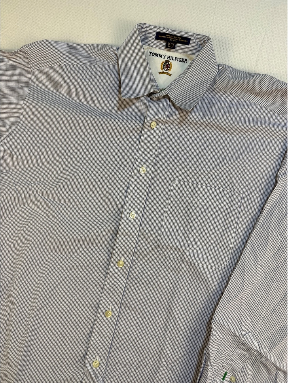 Vintage Tommy Hilfiger Mens 16.5 34/35 Micro Check Crest Dress Shirt 90s Preppy